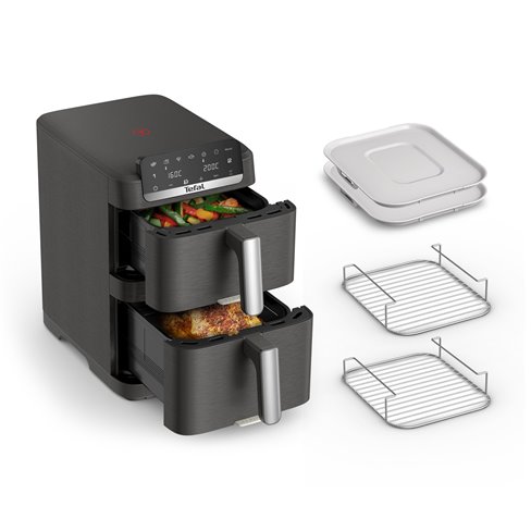 Easy Fry Crispy Stack, EY756HG0, Dual Air fryer, Space-Saving, Detachable Front + Cooking Shelves- Dark Grey_Main1